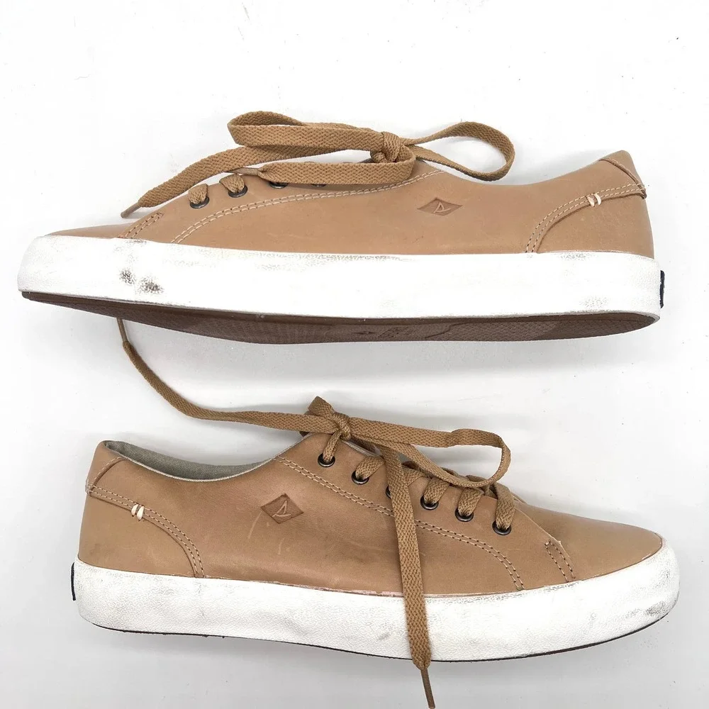 SPERRY Sneaker Mens 7 Tan Leather Low Top Top-sider striper Leather Sneaker NWOB - Picture 5 of 12